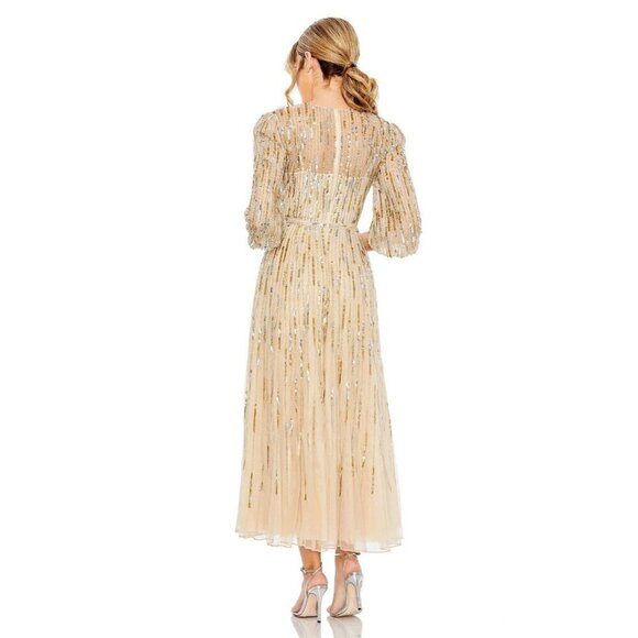 Mac Duggal Size 6 Beige 93889 Beaded Sequin High Neck Midi Cocktail Dress New - Picture 2 of 10
